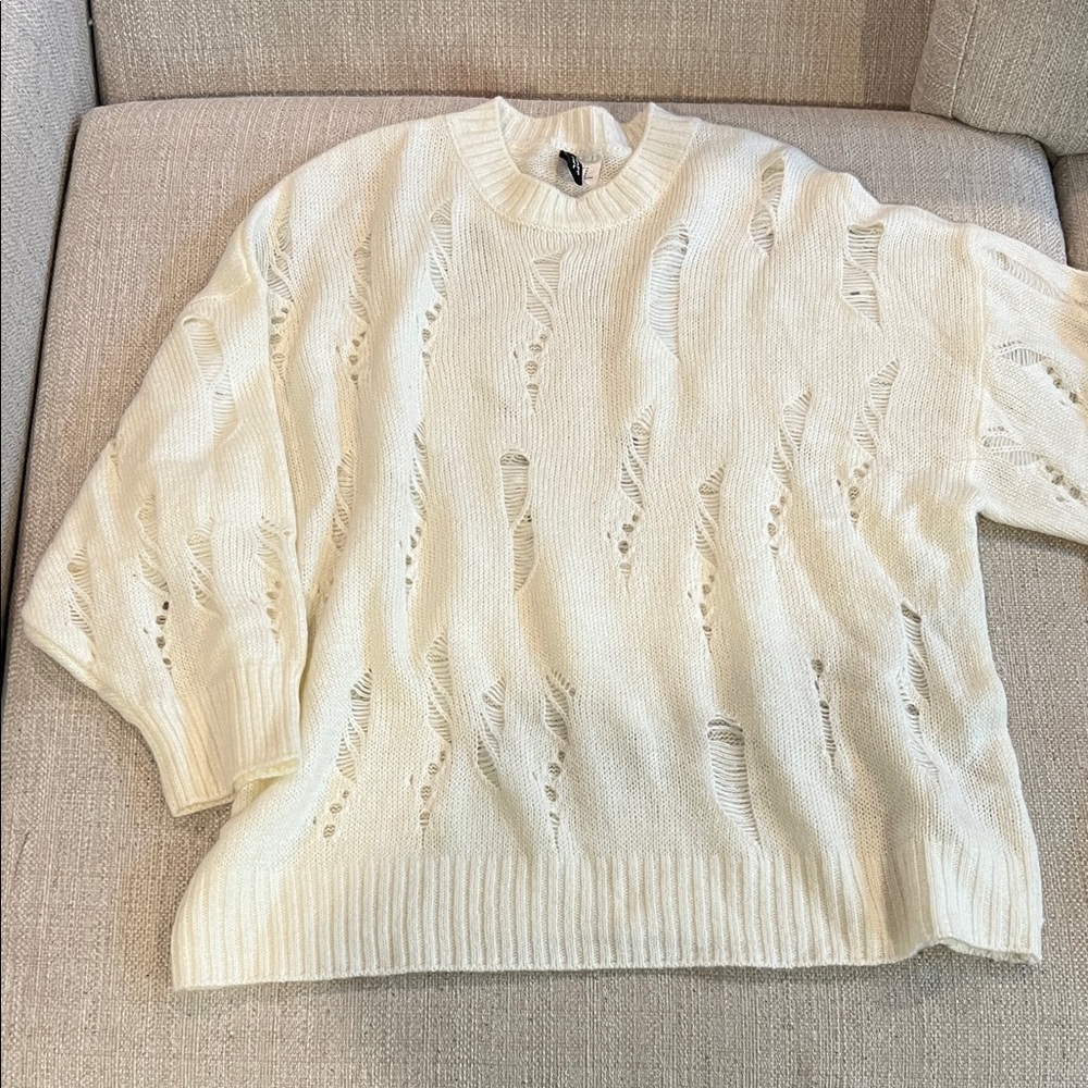 H&M Cream Distressed Crew Neck Sweater